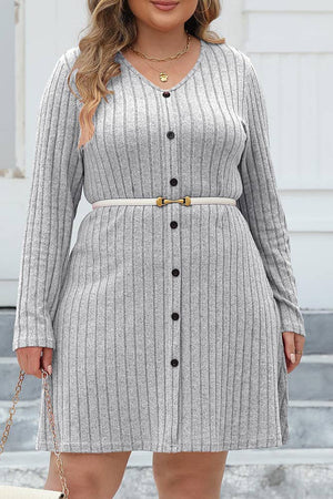 V Neck Buttoned Rib Plus Size Dress Gray