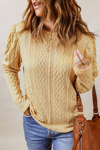 Solid Color Puffy Sleeve Textured Knit Top: Khaki