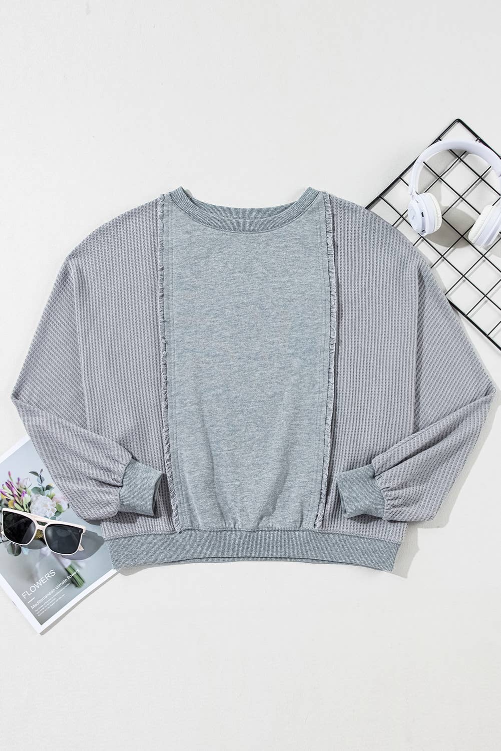 Waffle Patchwork Long Sleeve Raw Hem Pullover Top: Light Grey