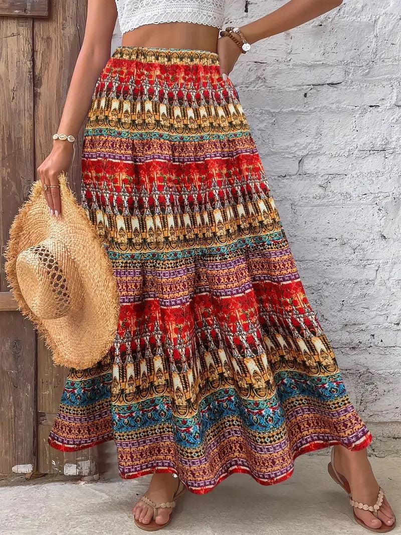 Print High Waist Skirt, Boho Ruffle Hem Beach Maxi Skirt,