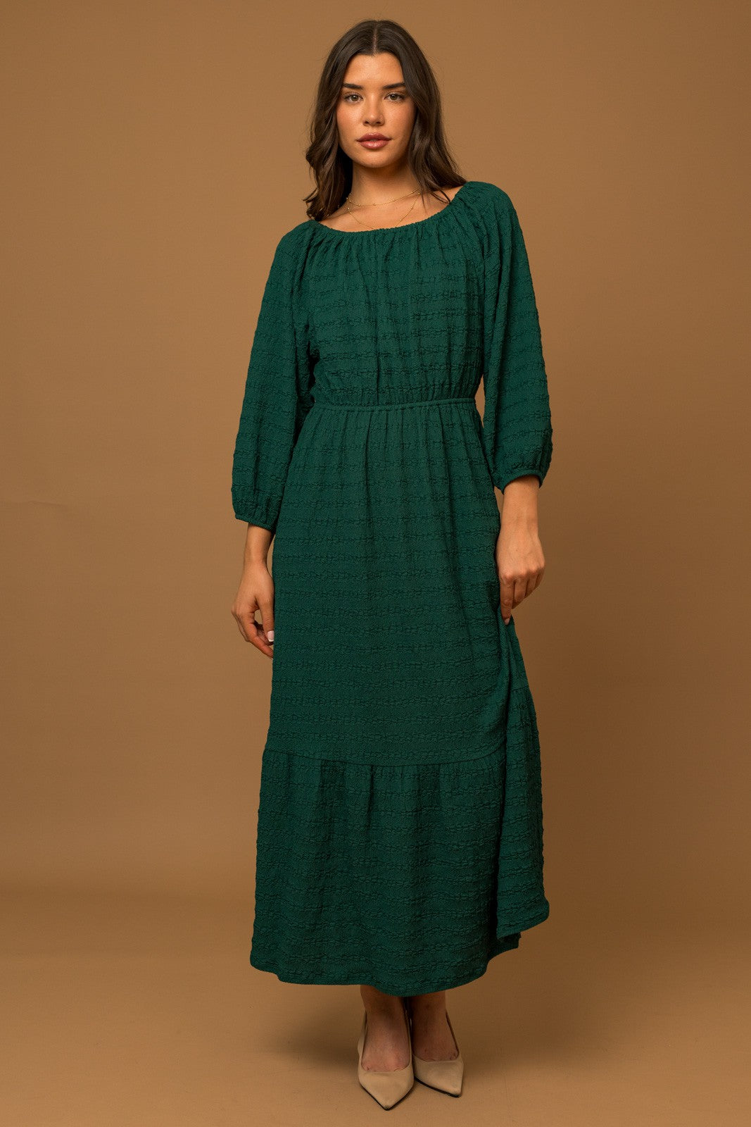 3/4 SLEEVE RUCHING TIE NECK TEXTURED MIDI DRESS