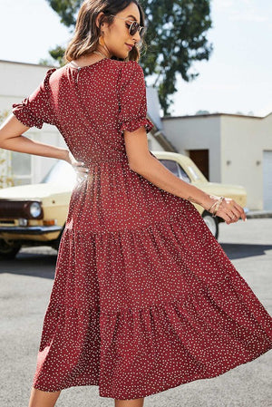 Dot Print Puff Sleeve Tiered Dress