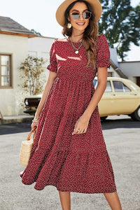 Dot Print Puff Sleeve Tiered Dress