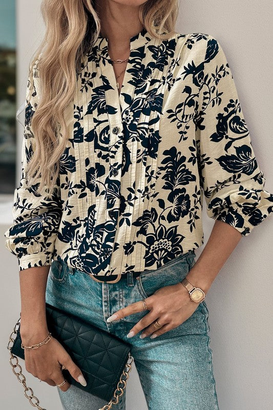 Floral Notched Neck Long Sleeve Blouse