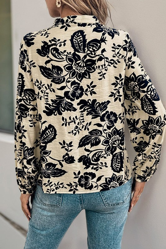 Floral Notched Neck Long Sleeve Blouse