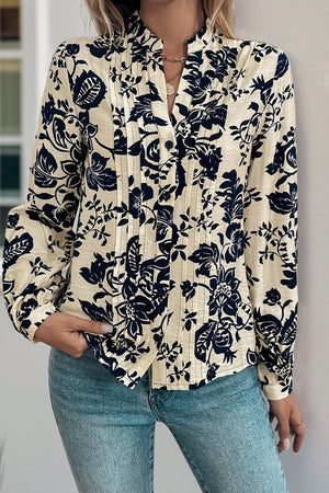 Floral Notched Neck Long Sleeve Blouse