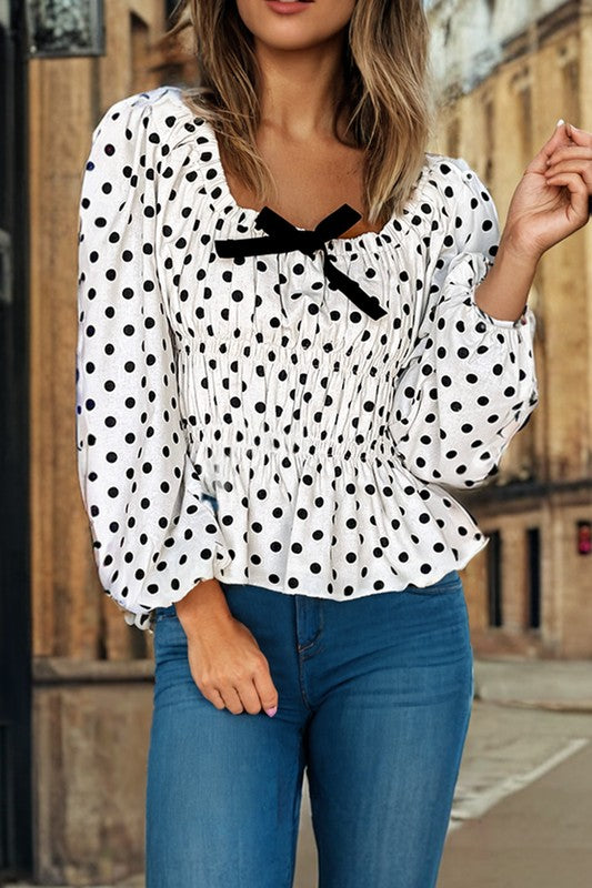 Polka Dot Bow Square Neck Peplum Blouse