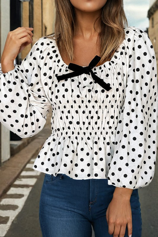 Polka Dot Bow Square Neck Peplum Blouse