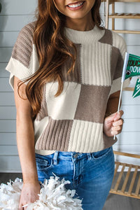 Checkered Color Block Short Sleeve Sweater