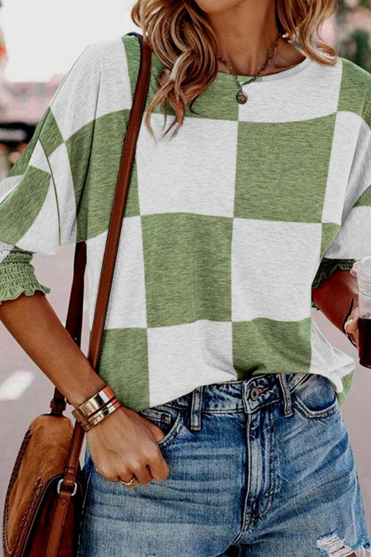 Green Mix Checkered Print Shirred Cuffs Blouse