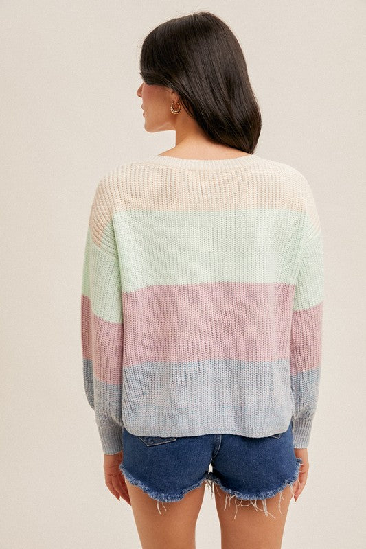 COLOR BLOCK BUBBLE SLEEVE CROP SWEATER