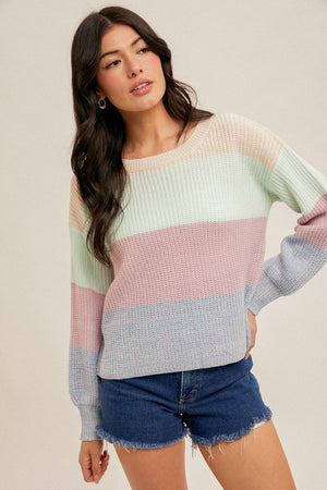 COLOR BLOCK BUBBLE SLEEVE CROP SWEATER