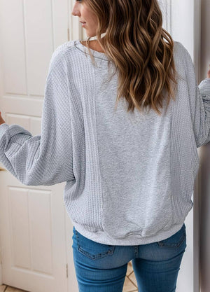 Waffle Patchwork Long Sleeve Raw Hem Pullover Top: Light Grey