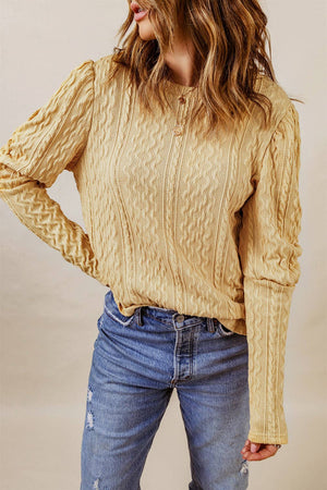 Solid Color Puffy Sleeve Textured Knit Top: Khaki