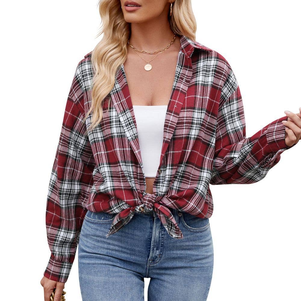 Dravon Boyfriend Plaid shirt jacket Shacket: Burgundy / XL