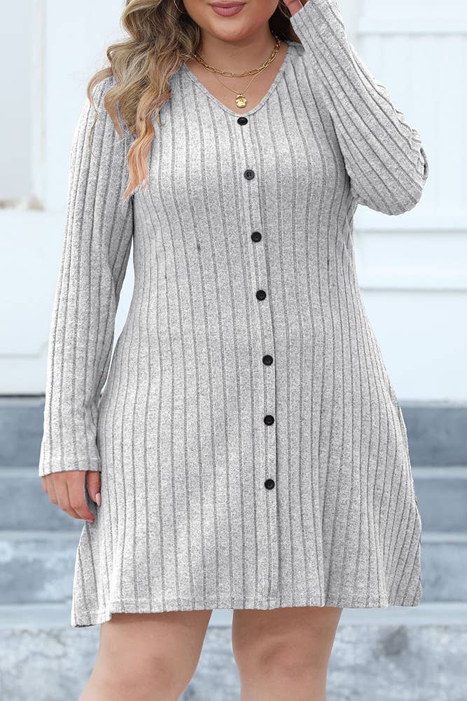 V Neck Buttoned Rib Plus Size Dress Gray