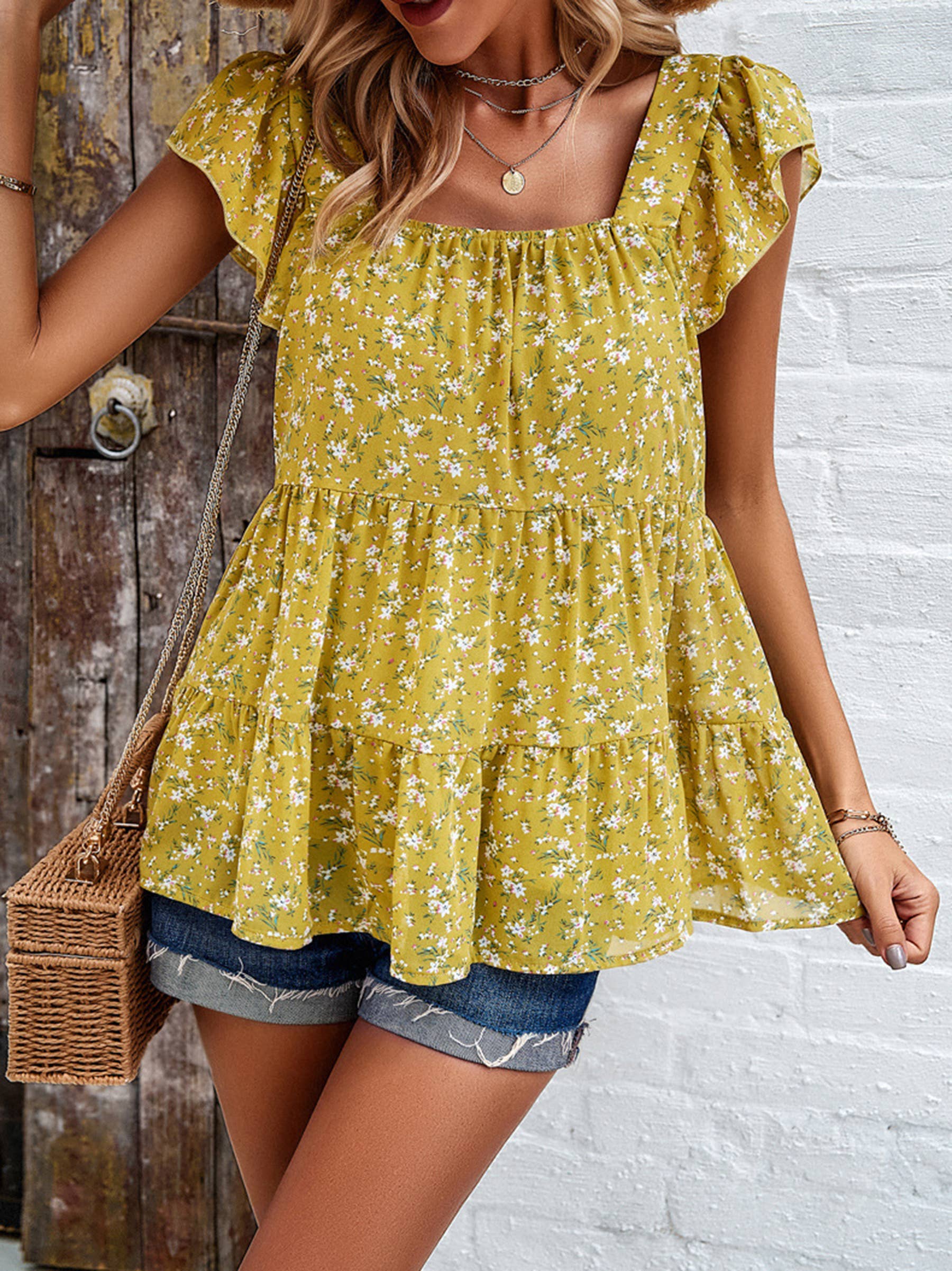 Temperament Floral Square Neck Top: Yellow