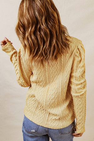 Solid Color Puffy Sleeve Textured Knit Top: Khaki