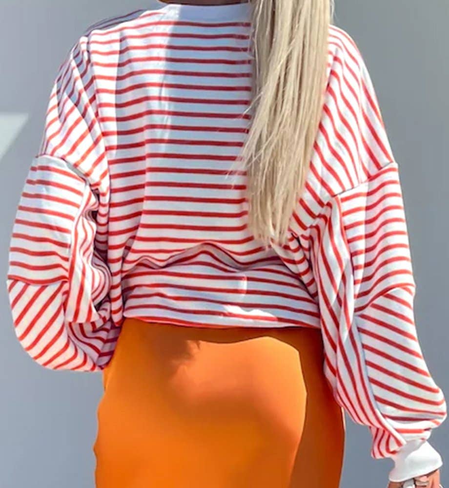 Stripe Drop Shoulder Crew Neck Loose Sweatshirt: Orange