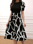 Abstract Print Splice Waist Dress, Elegant Puff Short Sleeve Crew Neck Dress,