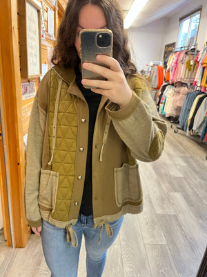 Quilted Textured Patchwork Hooded Jacket: Jungle Green