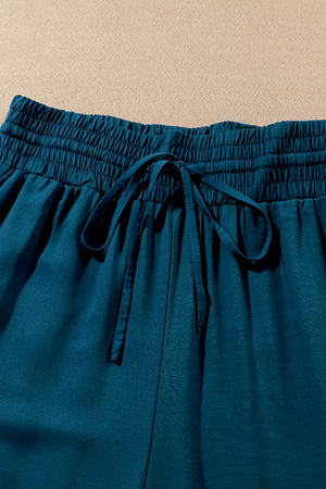 Blue Drawstring Elastic Waist Casual Wide Leg Pants