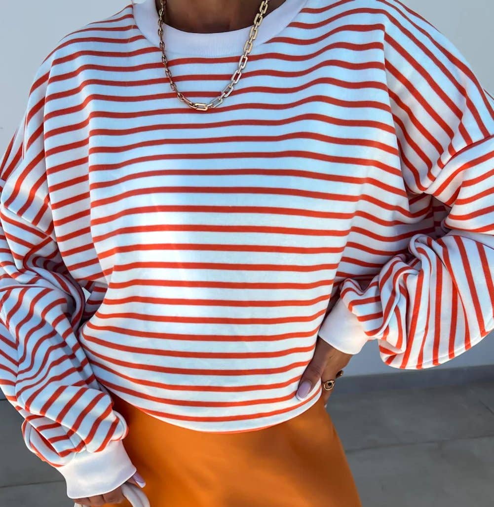 Stripe Drop Shoulder Crew Neck Loose Sweatshirt: Orange