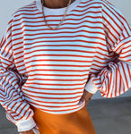 Stripe Drop Shoulder Crew Neck Loose Sweatshirt: Orange / XL