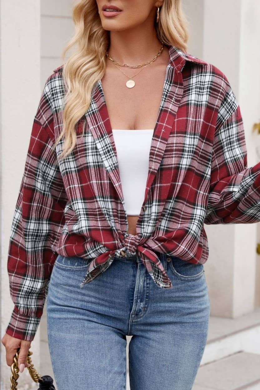 Dravon Boyfriend Plaid shirt jacket Shacket: Burgundy / XL