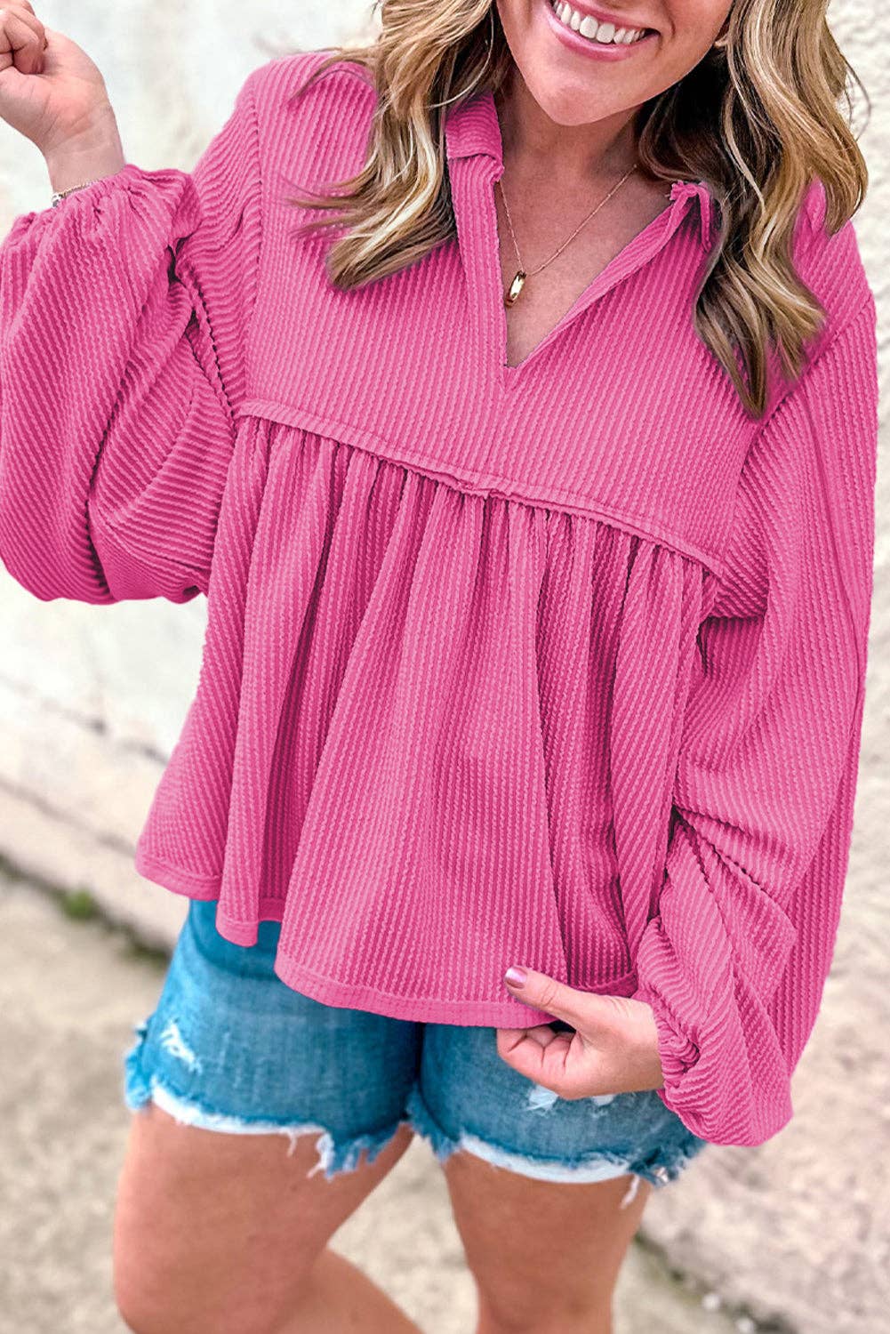 Corded V-Neck Bubble Sleeve Blouse: Bright Pink