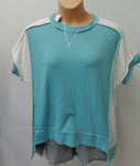 RIBBED COLOR BLOCK CONTRAST SHORT SLEEVE TOP BLUE and WHITE