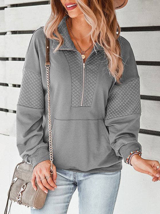 Quilted Quarter Zip Pullover: Gray