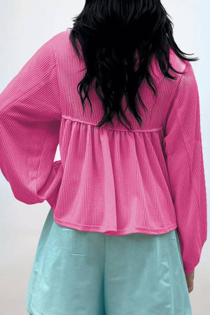 Corded V-Neck Bubble Sleeve Blouse: Bright Pink