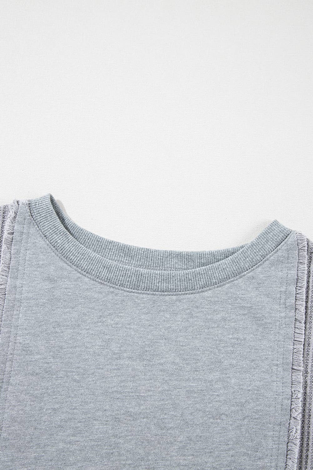 Waffle Patchwork Long Sleeve Raw Hem Pullover Top: Light Grey