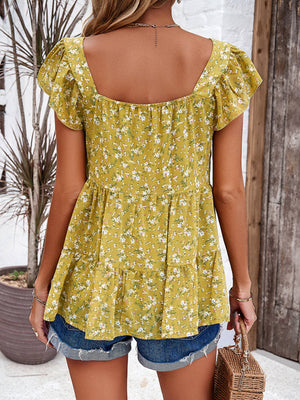 Temperament Floral Square Neck Top: Yellow