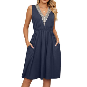 Summer Casual Sleevess V-Neck Mini Dress with Pockets: Navy