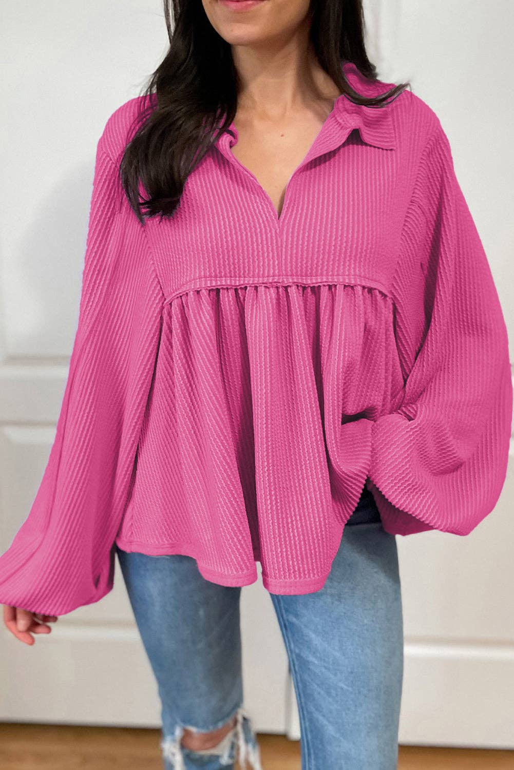 Corded V-Neck Bubble Sleeve Blouse: Bright Pink