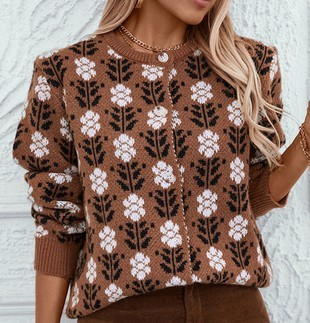 Coffee Floral Print Ribbed Trim Buttoned Cardigan